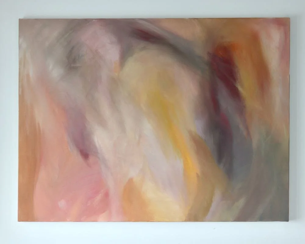 abstract painting showing swirling colours of pinks, burgundy, yellow and beige