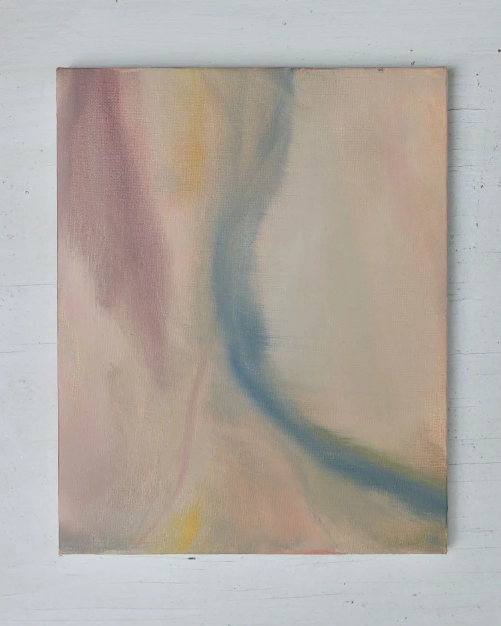 abstract painting with beige background, yellow, pink and blue shapes