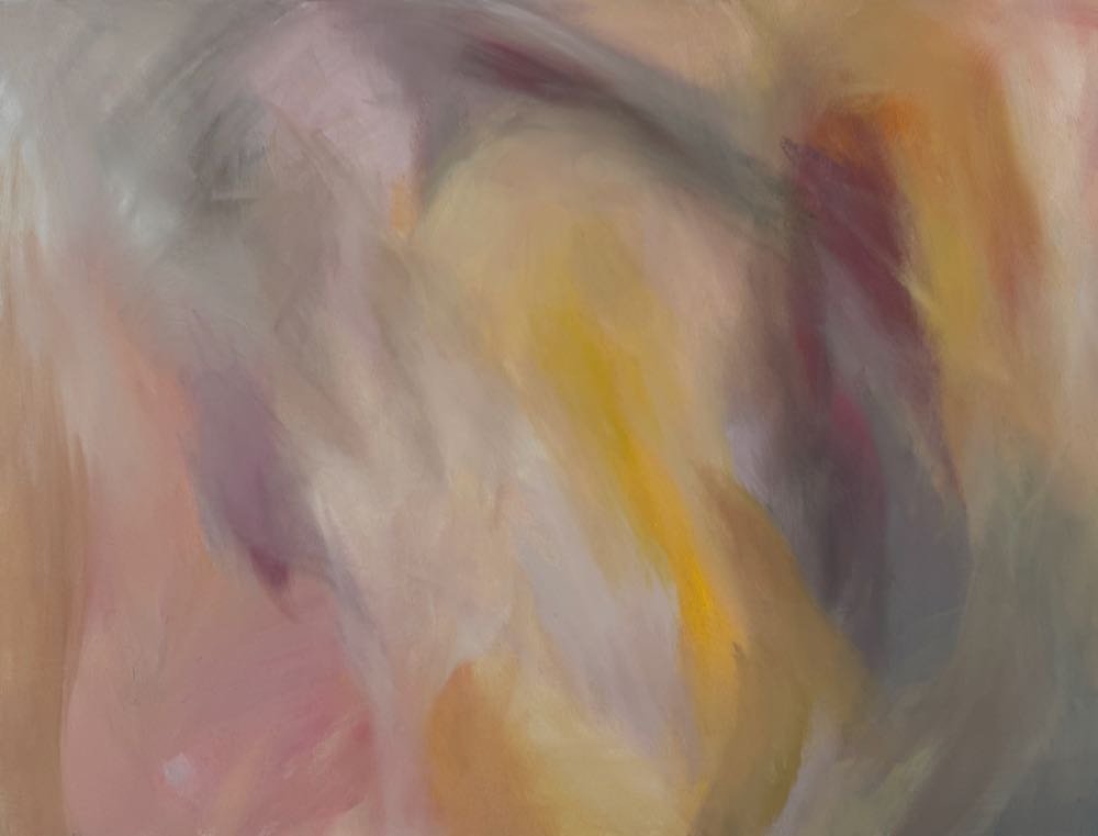 abstract painting with sweeping shapes of pink, yellow and purple