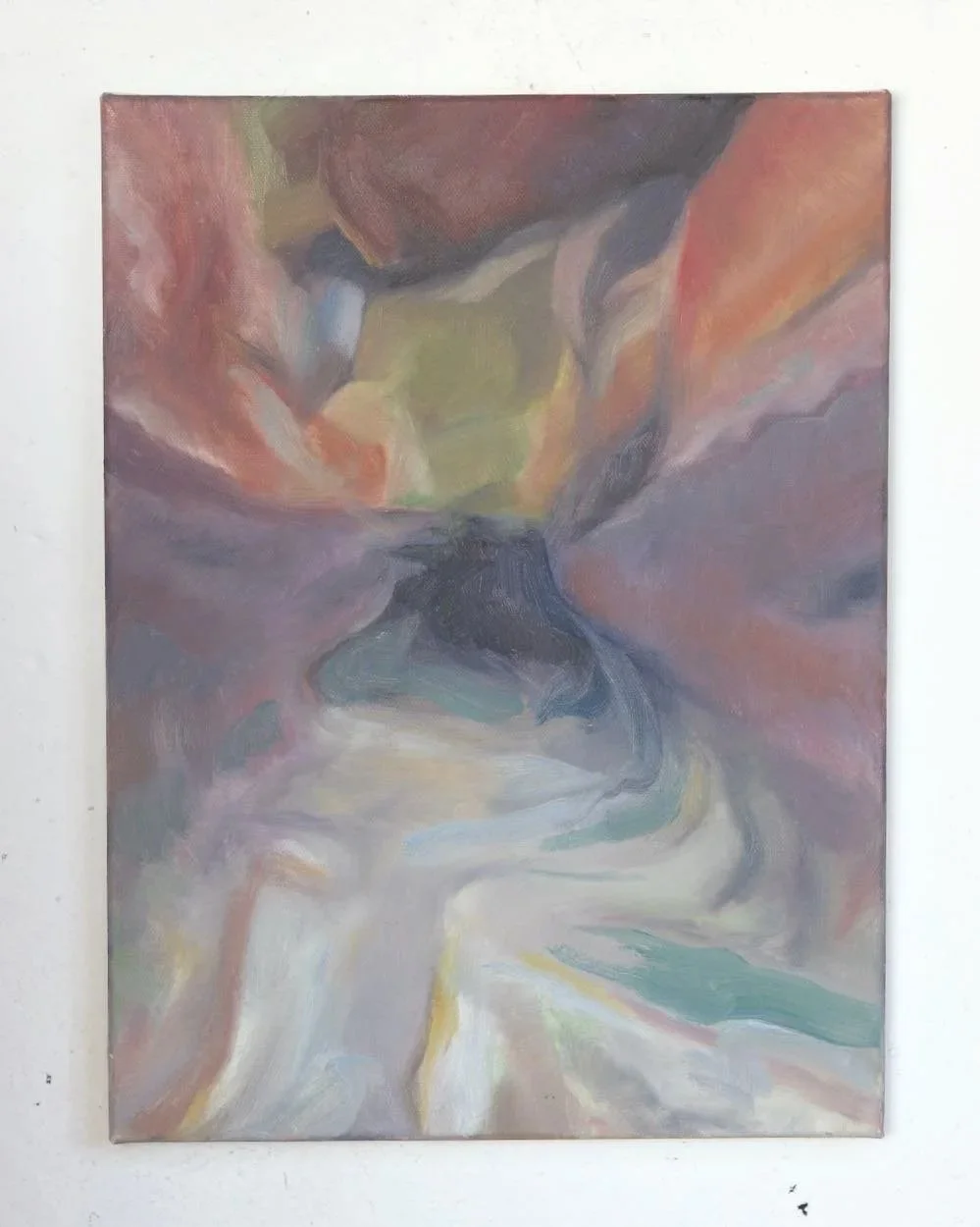 painting of a towering cliff with a cave  in the centre with purple, orange, green and beige