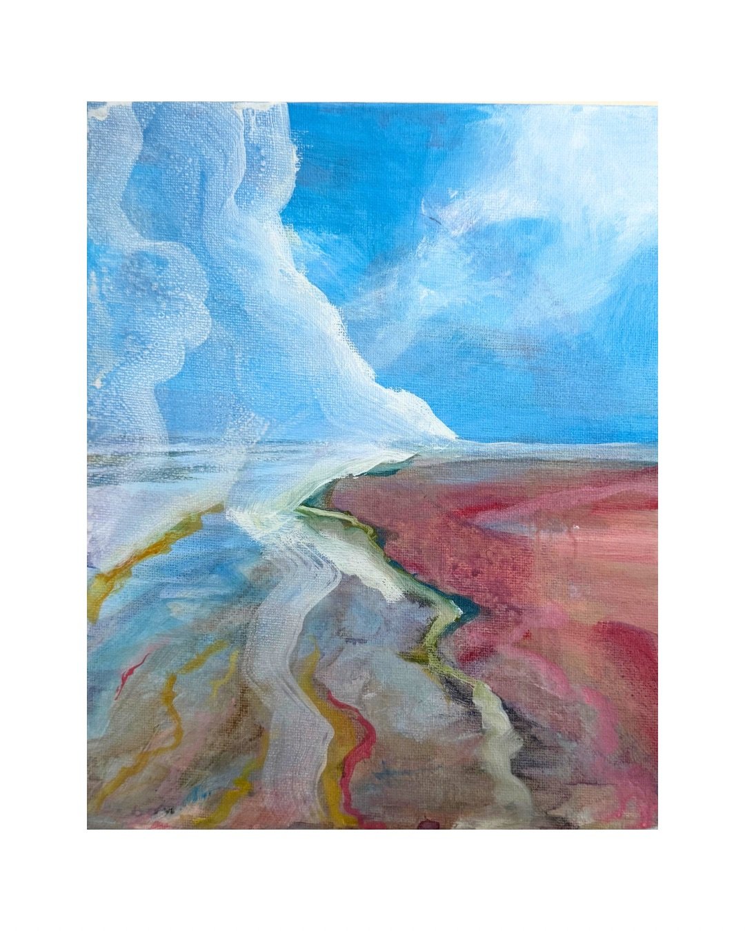 painting of a beach scene with white, yellow and red lines