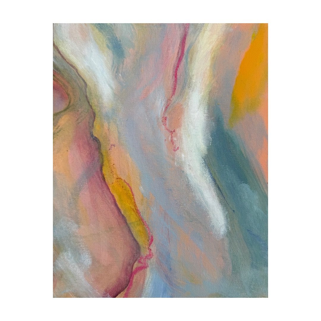 abstract painting with red wiggly lines and yellow