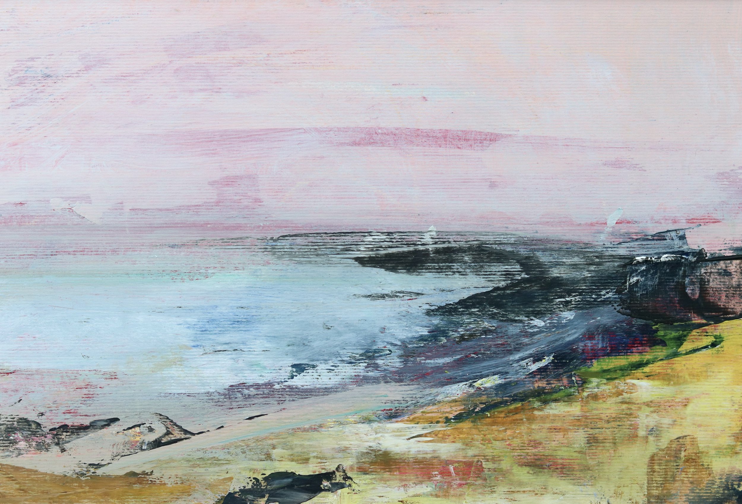painting in a expressive style showing a beach scene with pink sky