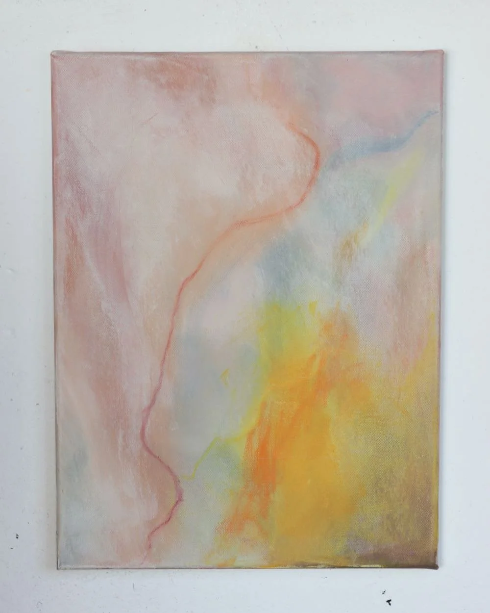 abstract painting with pink background, a wiggly red line and yellow and orange shapes
