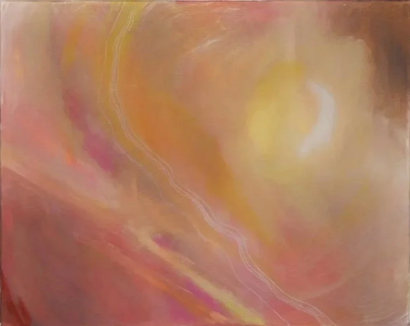 abstract painting of red background with white lines and yellow and orange shapes