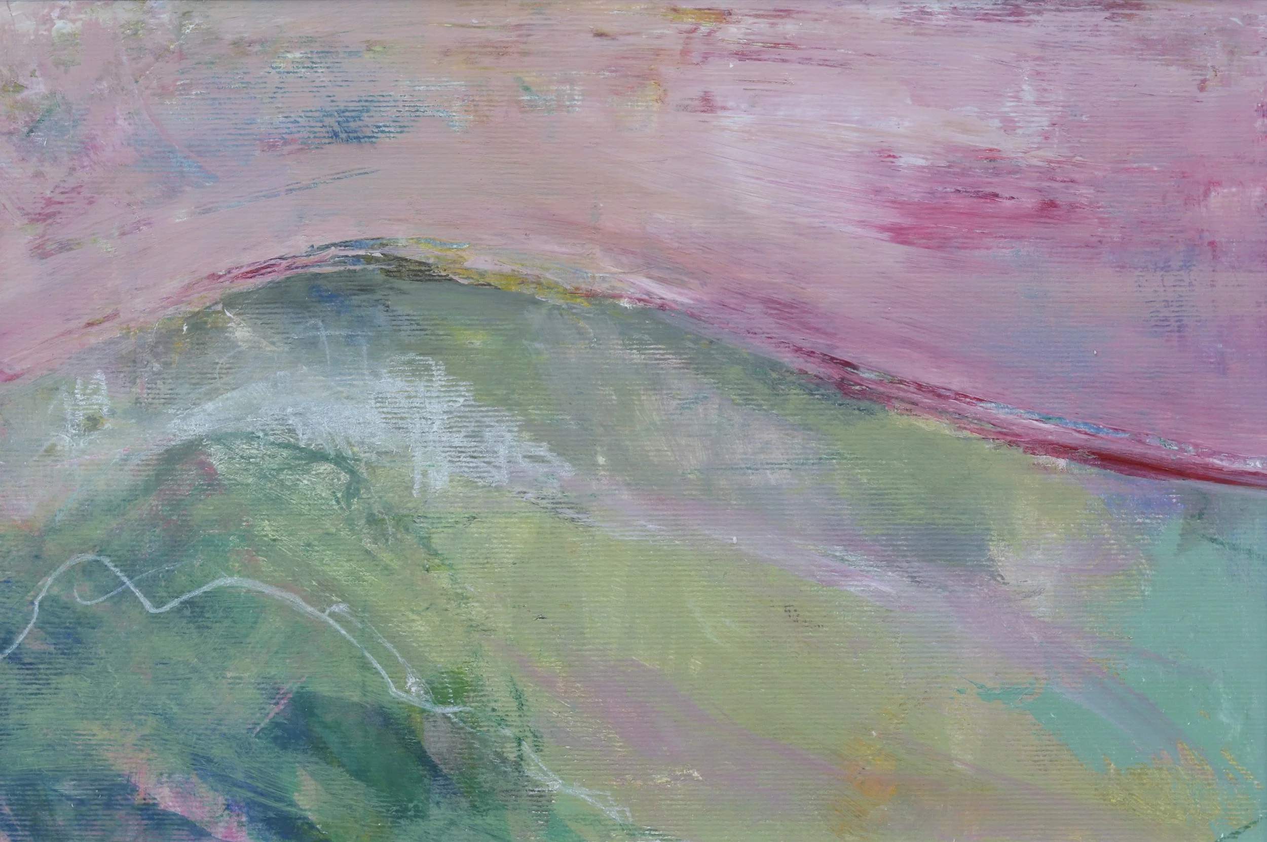 abstract landscape painting with layers of green and pink