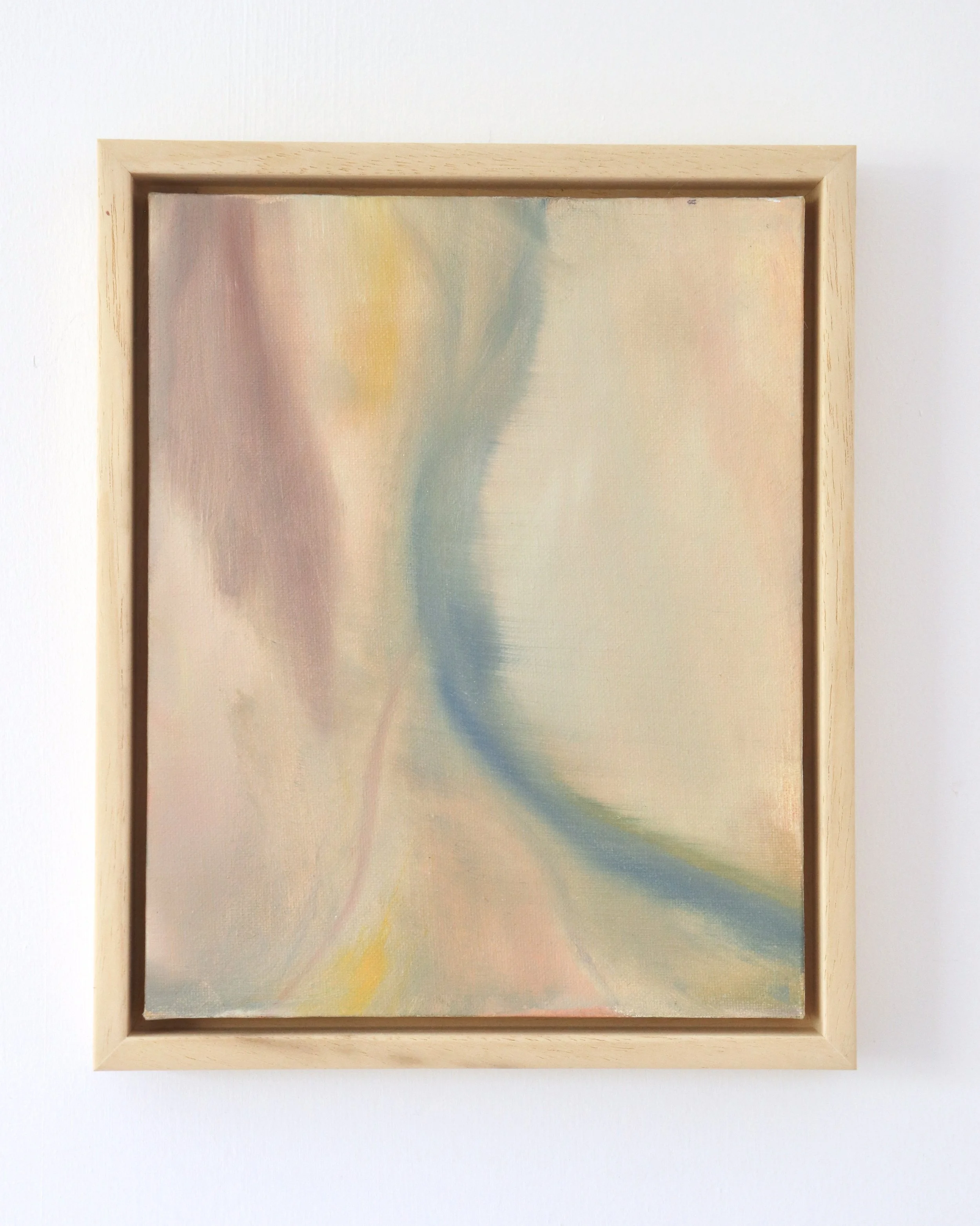 abstract painting with muted colours showing a blurred blue line with areas of burgundy and yellow