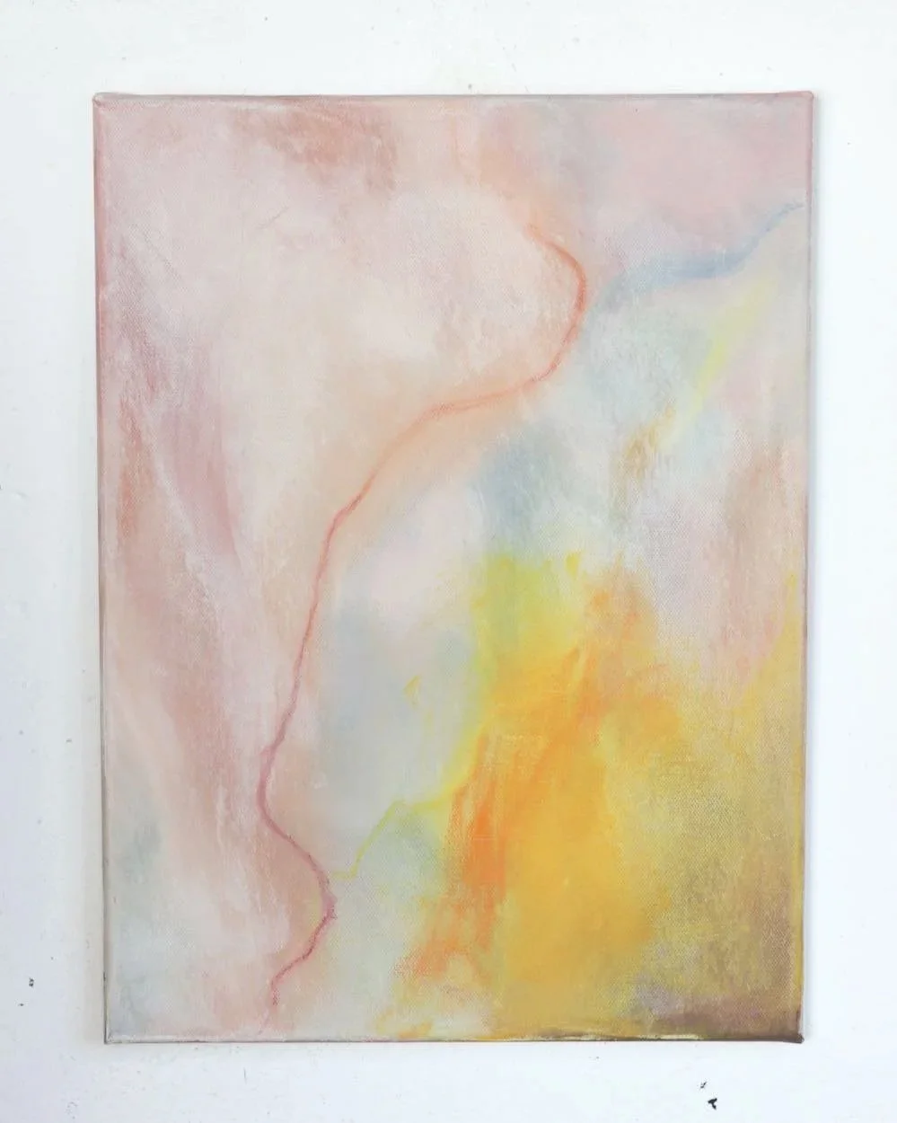 abstract painting with pink background, a wiggly  red line and yellow and orange shapes