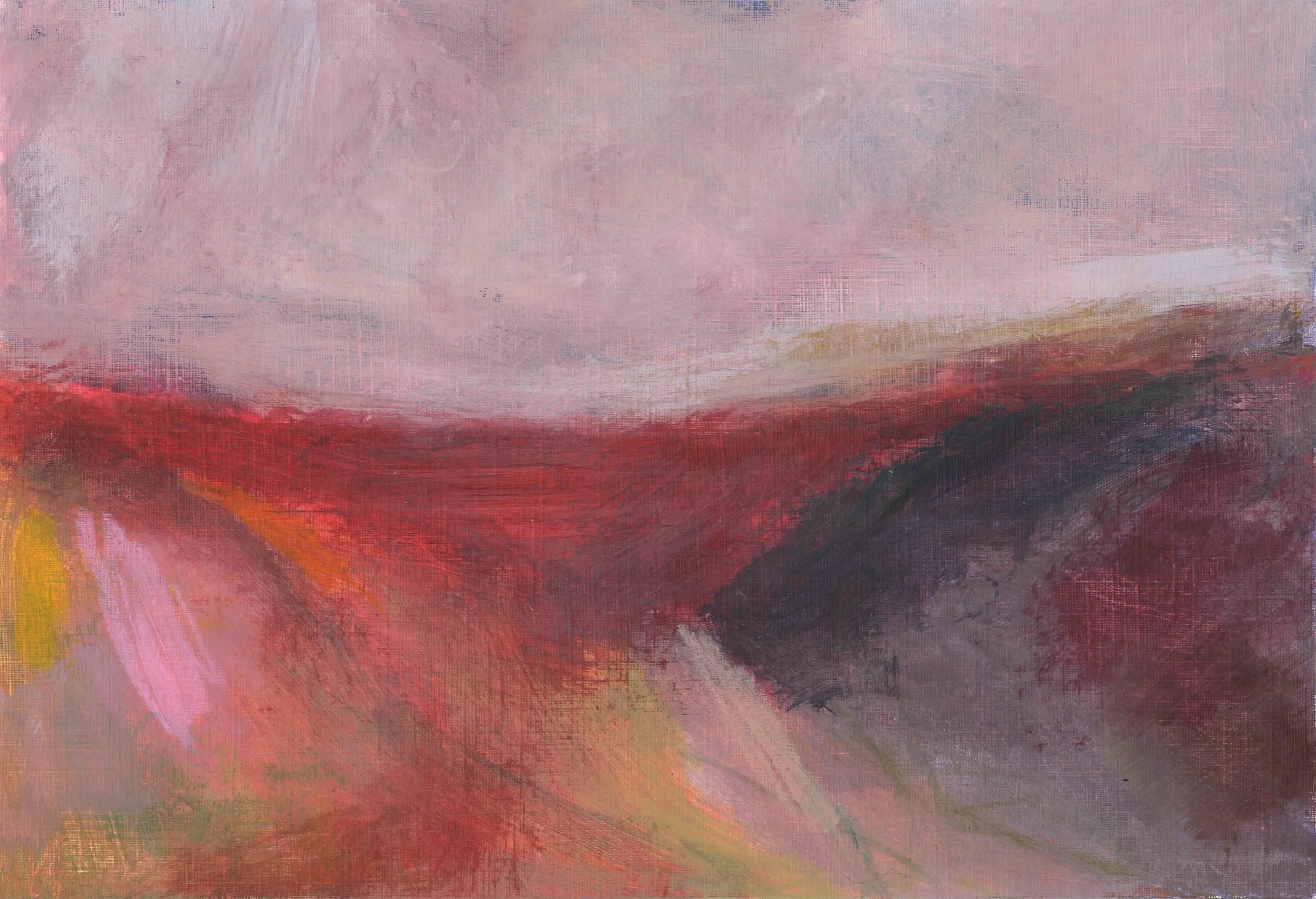 a vibrant abstract painting featuring a pink sky, red hills and deep purple and burgundy shapes with accents of bright pink