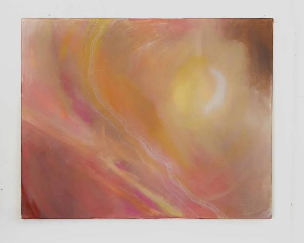 abstract painting with red, orange and yellow resembling a portal