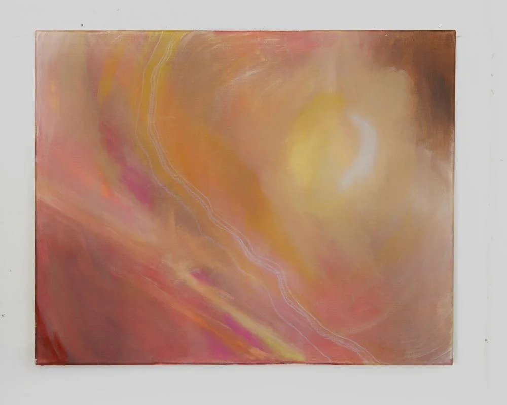 abstract painting with red, orange and yellow resembling a portal