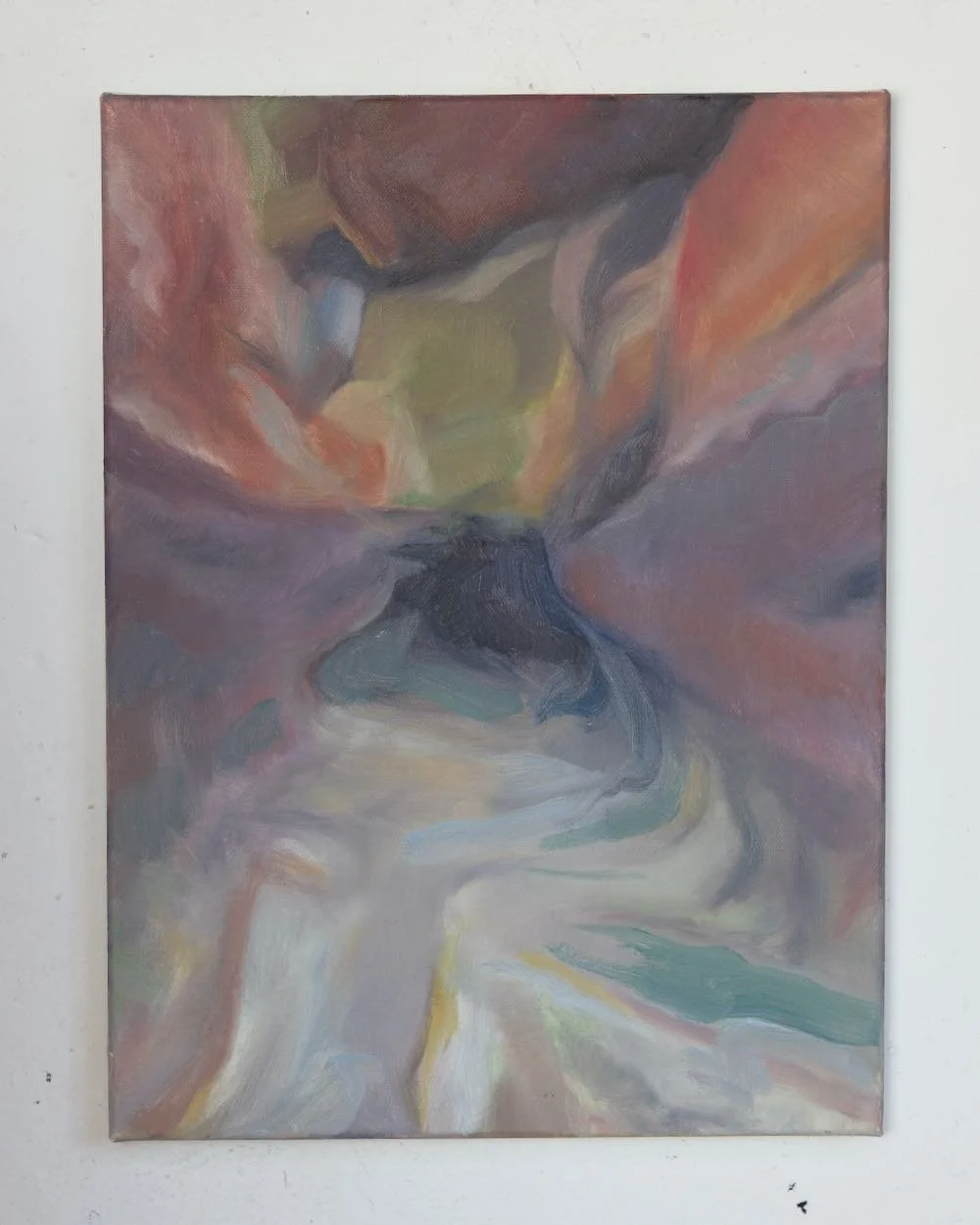 painting of a towering cliff with a cave in the centre with purple, orange, green and beige