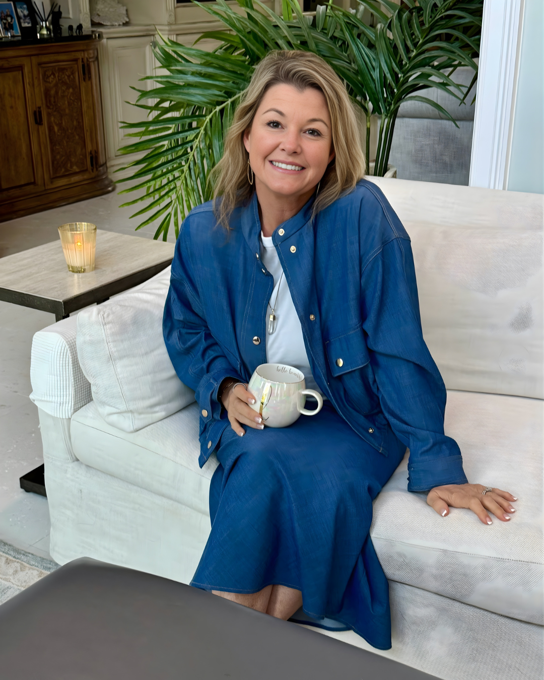 A smiling woman with blonde wavy hair, wearing a blue jacket and white shirt, sitting on a light-colored sofa, holding a white mug with a greeting, in a cozy living room with green plants and a candle on a side table.