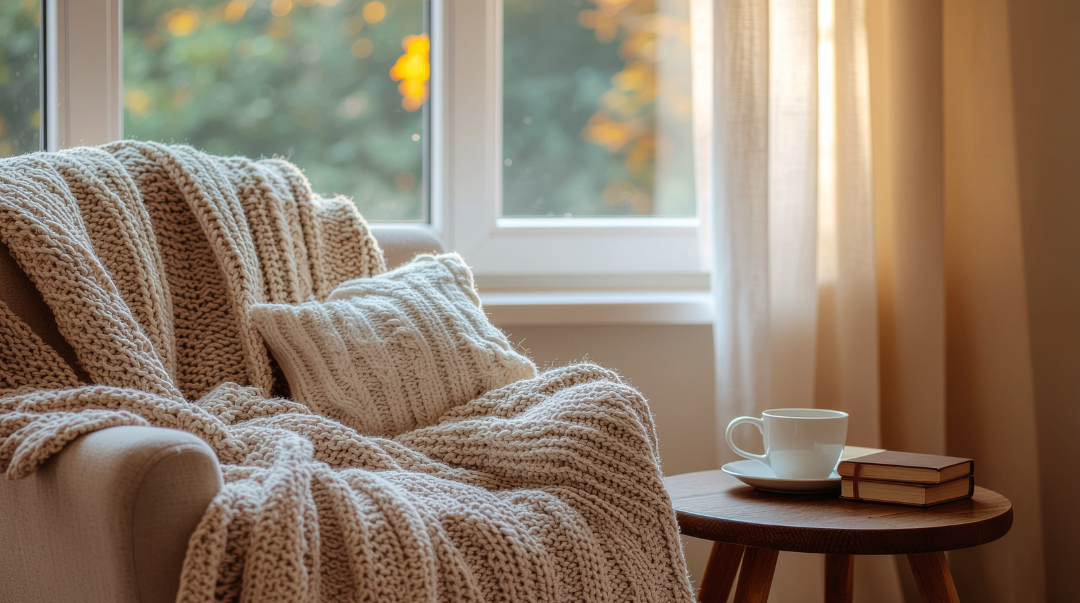 A cozy living room corner with a beige knitted blanket and pillow on a sofa, next to a wooden side table with a cup of coffee and two books, near a window with sunlight and curtains.