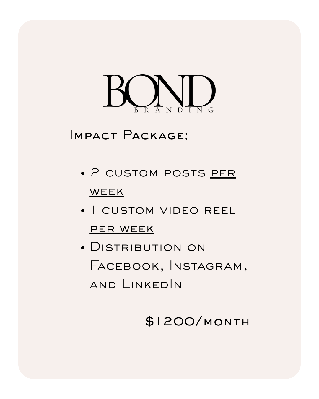 A promotional graphic for Bond Branding advertising an impact package that includes two custom posts per week, one custom video reel per week, distribution on Facebook, Instagram, and LinkedIn for $1200 per month.