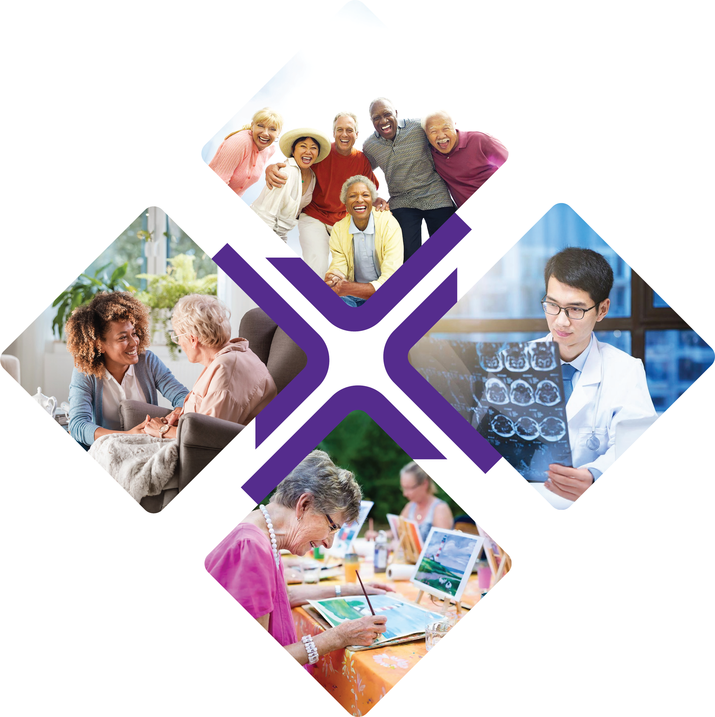 Collage of four images in diamond shapes: top image shows a diverse group of smiling elderly friends outdoors, middle left shows a caregiver and elderly woman having a conversation, middle right shows a doctor examining brain scans, bottom shows an elderly woman painting at a craft table.