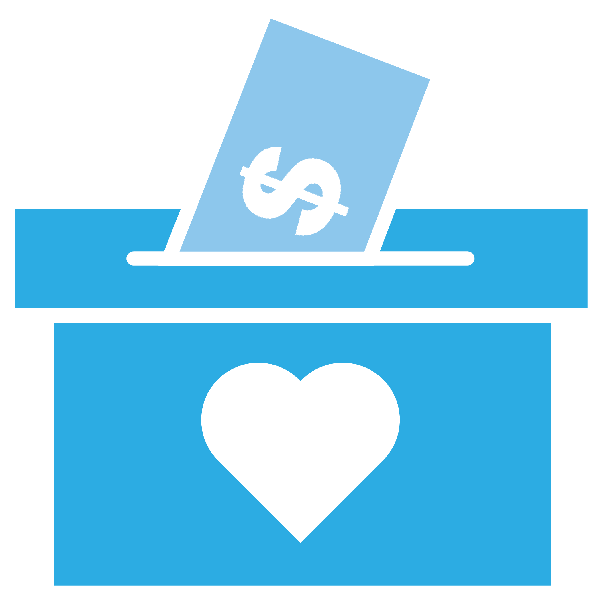 Illustration of a ballot box with a heart symbol on it, and a ballot with a dollar sign being inserted into the box.