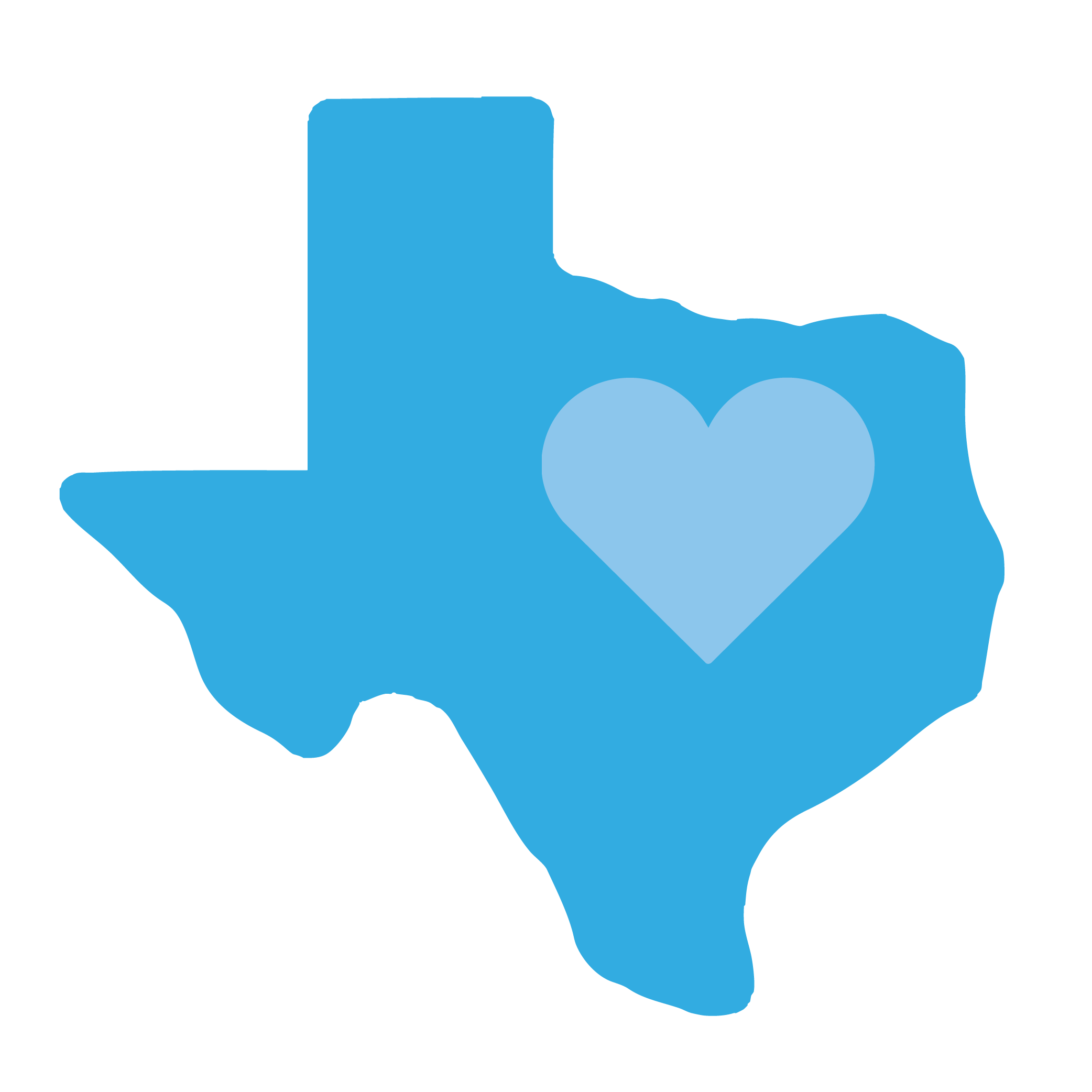 Blue outline map of Texas with a heart in the center