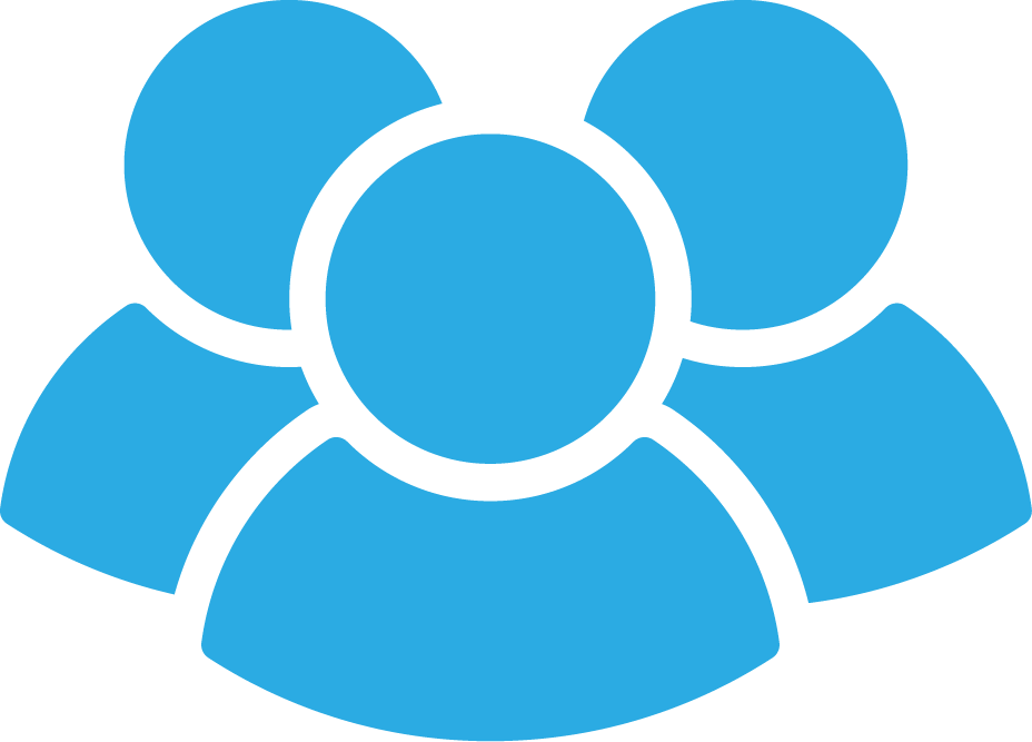 Icon of three blue human figures connected in a circle, representing a group or team.