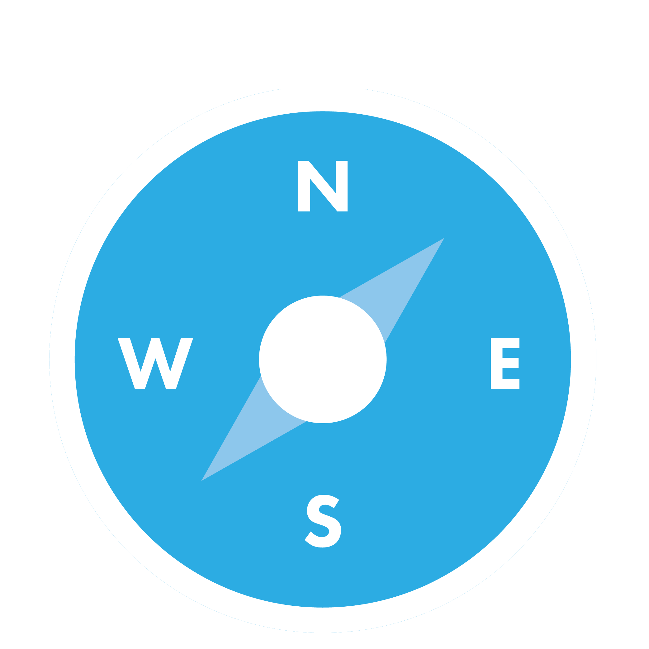 A digital illustration of a compass with a blue face showing North, East, South, and West, and a needle pointing slightly east of North.