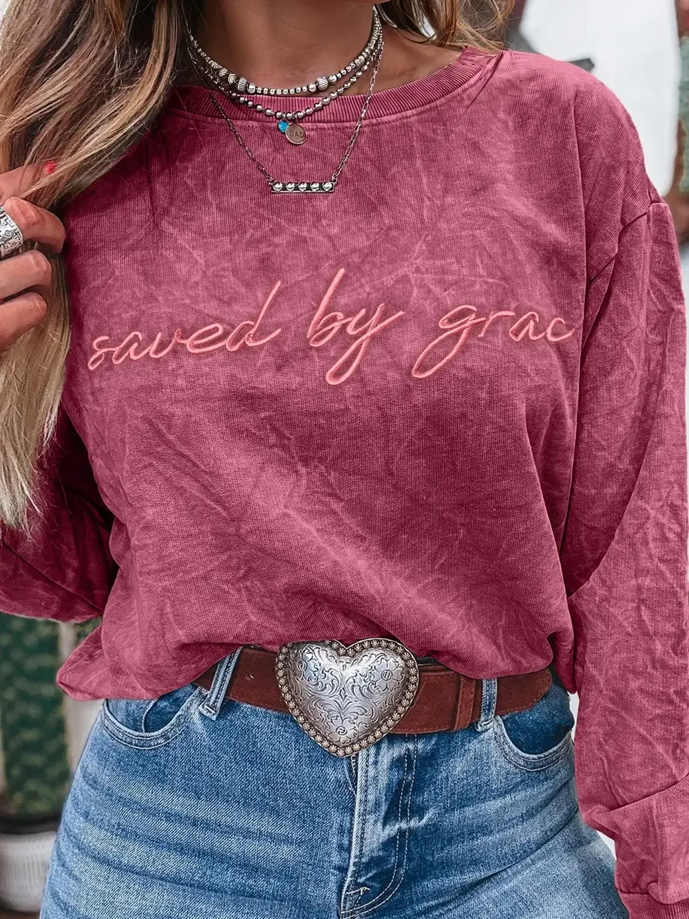 Women's Mineral Wash Saved by Grace Sweatshirt Red