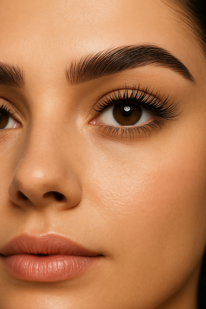 Close-up of a woman's face showing well-groomed eyebrows, long eyelashes, and smooth skin.