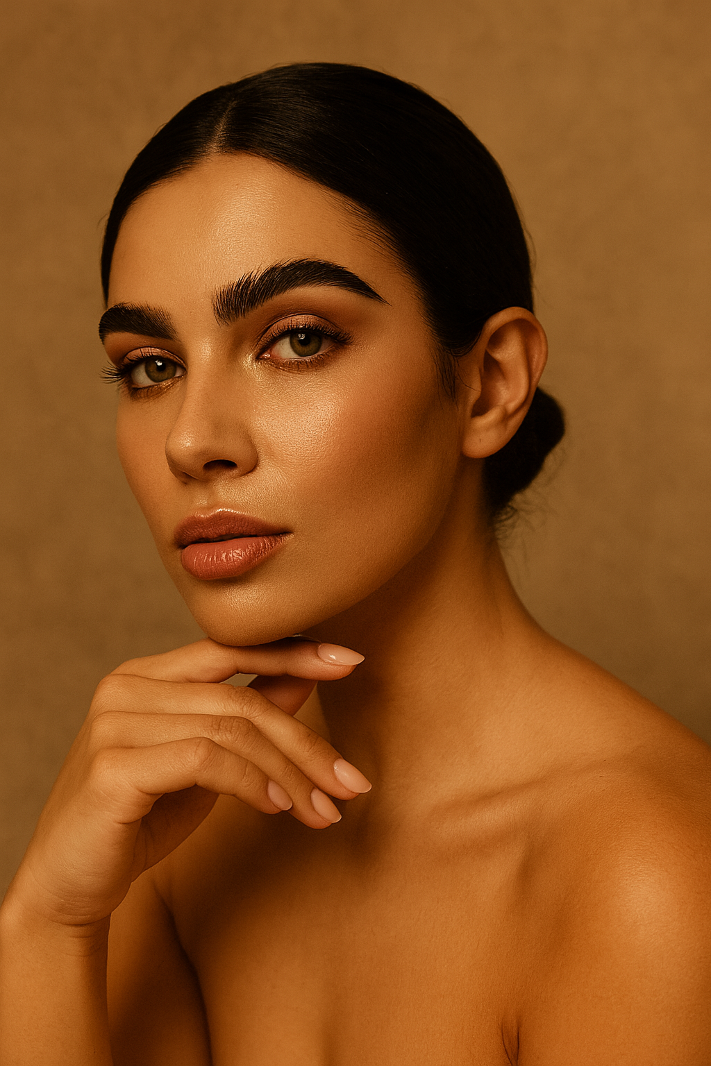 Close-up portrait of a woman with dark hair, bold eyebrows, and smooth skin, posing with her hand near her chin against a warm, beige background.