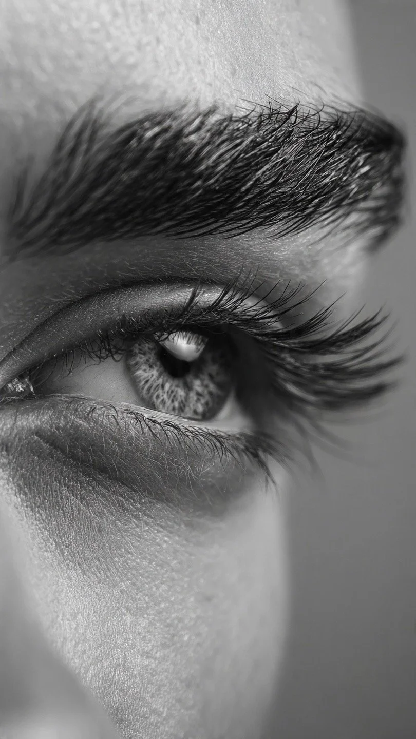 Close-up black and white photo of a human eye with well-defined eyebrows and long eyelashes