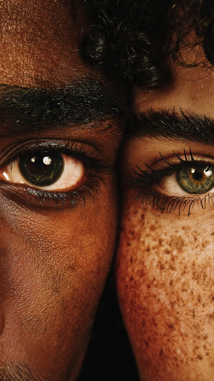 Close-up of two people's faces with their eyes and part of their noses touching, showing diversity in skin tone and eye color.