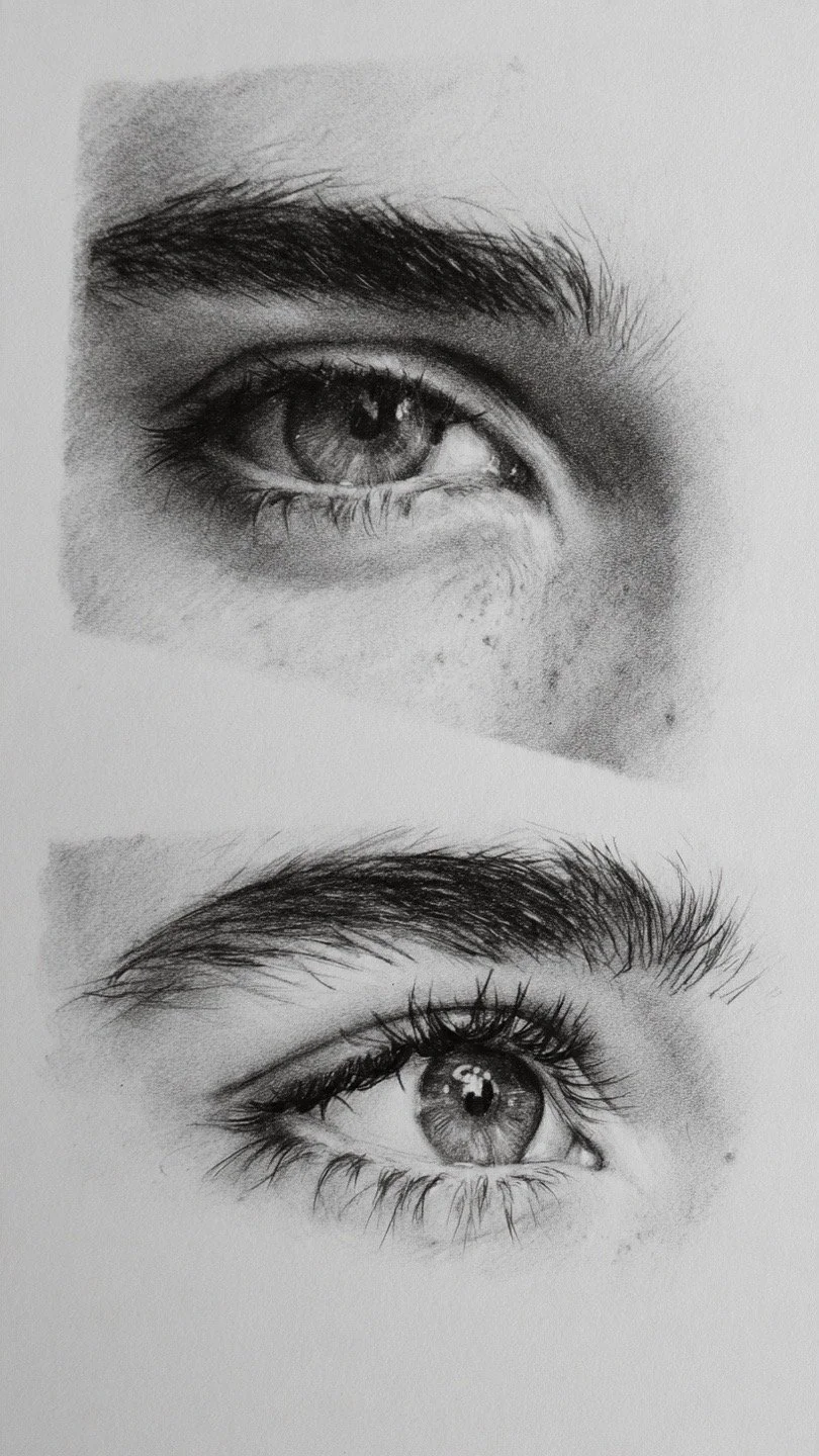 Two realistic graphite pencil drawings of human eyes, one above the other, showing detailed eyelashes, eyebrows, and irises.