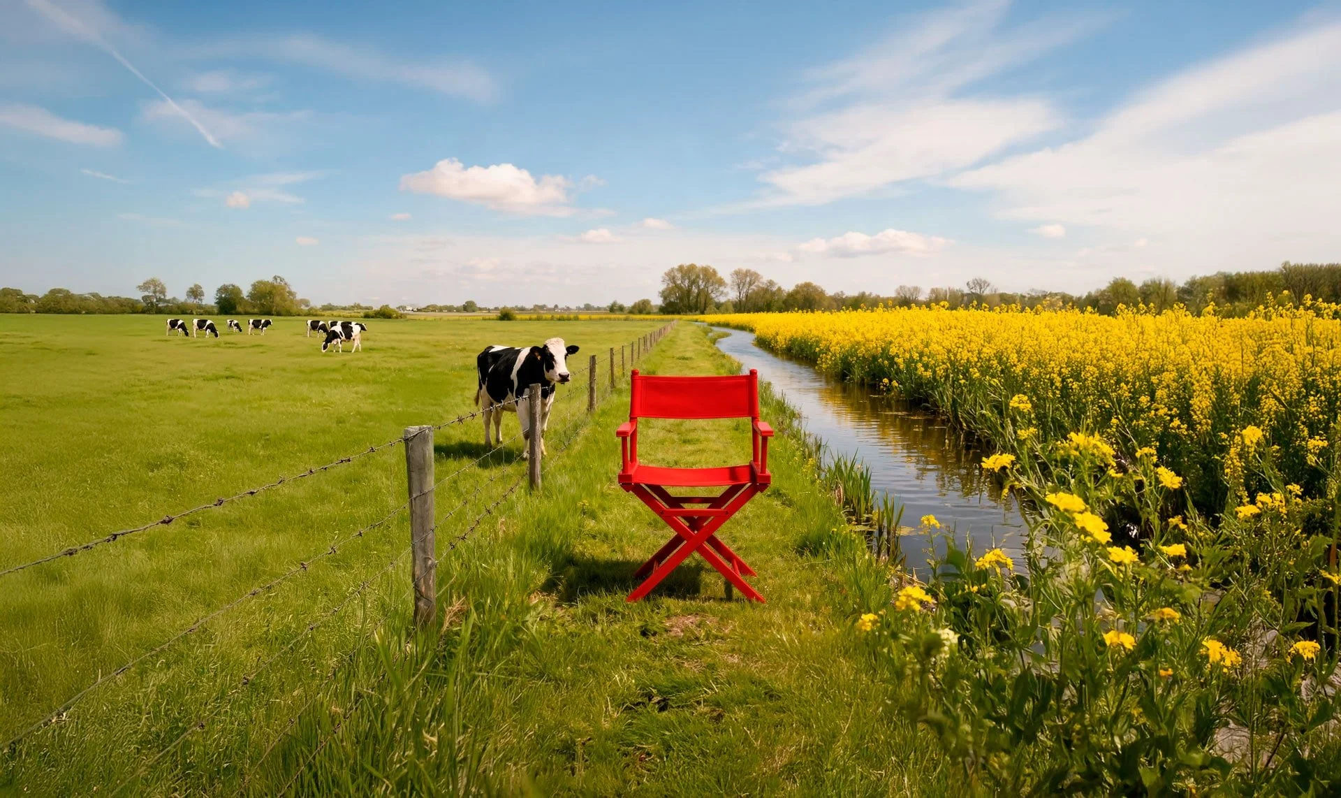 Landschap met groene weide met koeien, een rivier, veld met gele bloemen en een blauwe lucht. Provinciale omgevingsvisie (POVI),  Provinsje Fryslân.