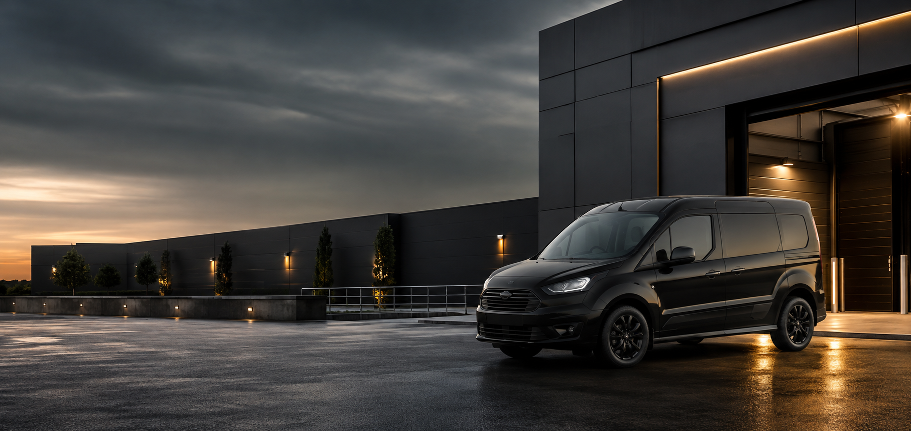 Black cargo courier van outside a modern loading facility at dusk
