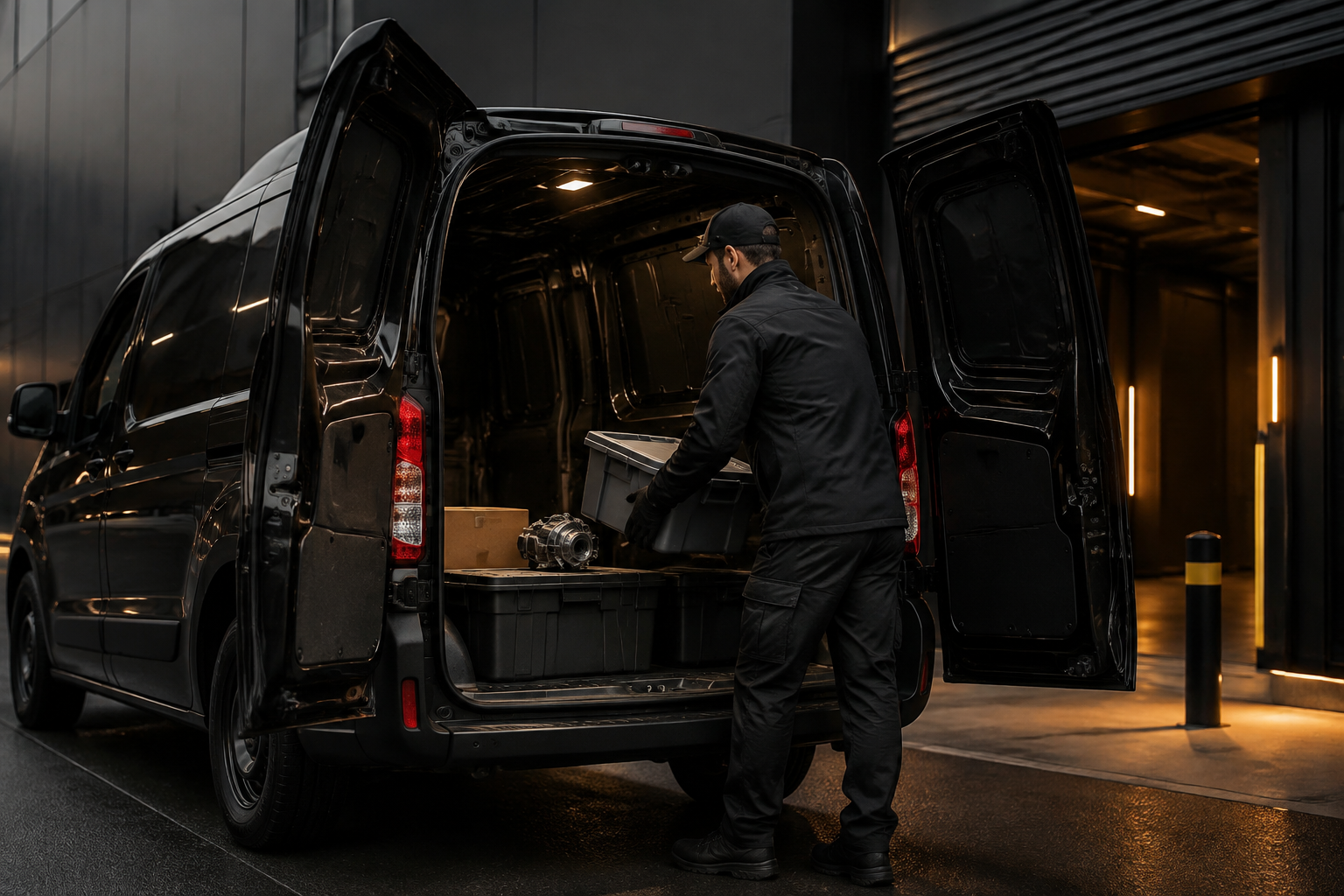 Courier loading business delivery items into a black cargo van