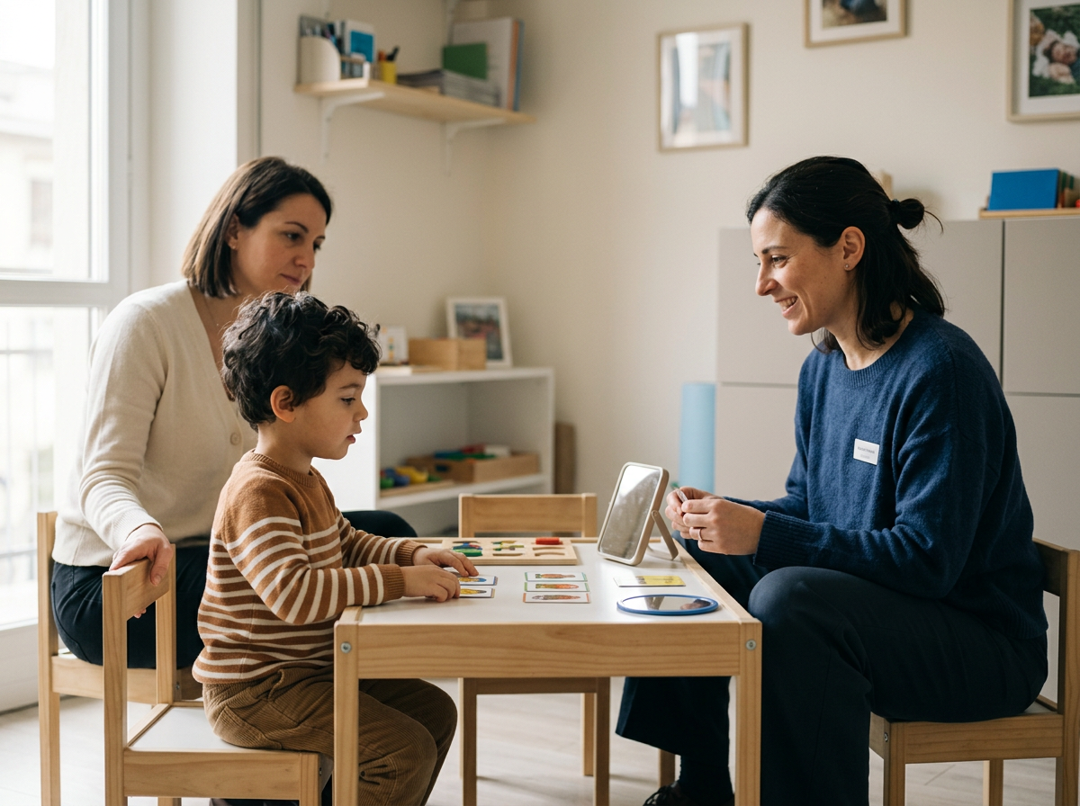 seduta di logopedia con un bambino, una professionista e un familiare