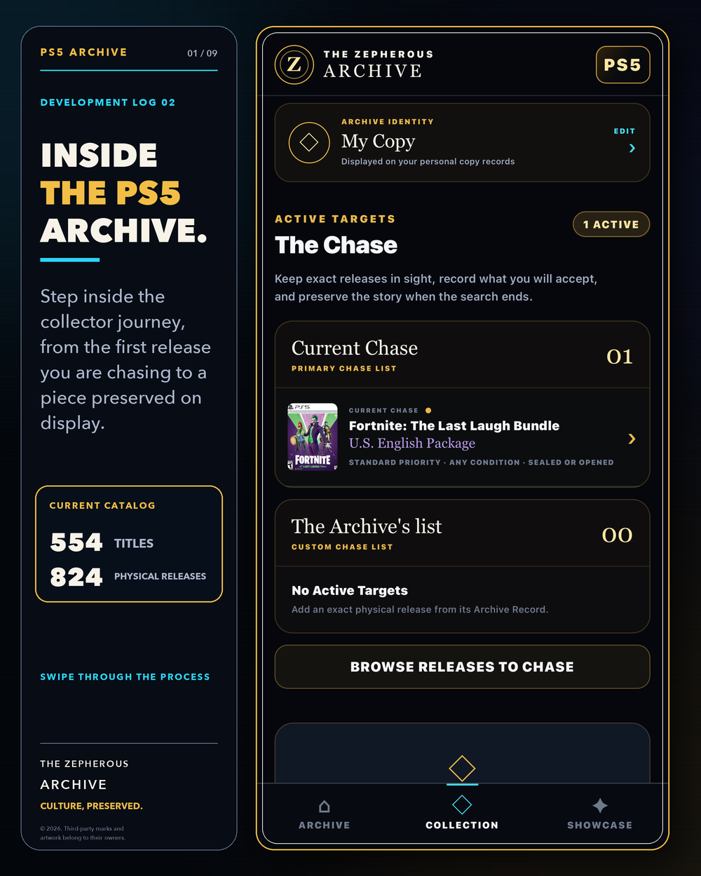 PS5 Archive app development preview showing a collector’s chase list