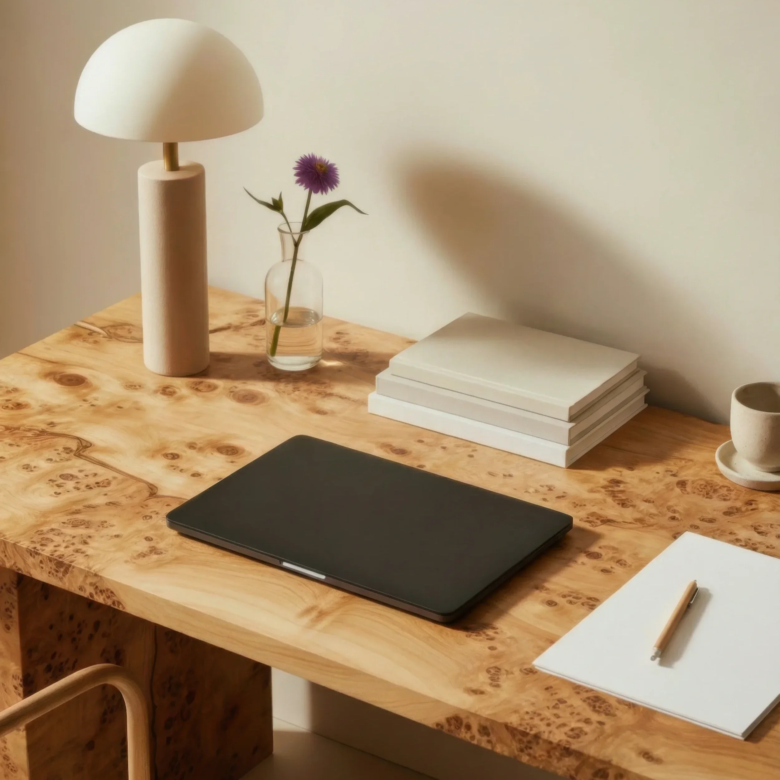Editorial workspace with books, writing materials, and flowers