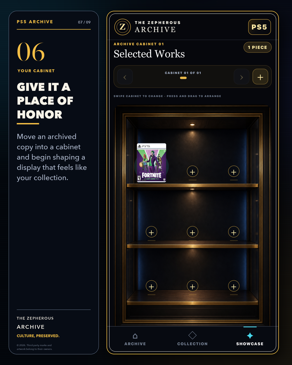 PS5 Archive app development preview showing a game in a digital display cabinet
