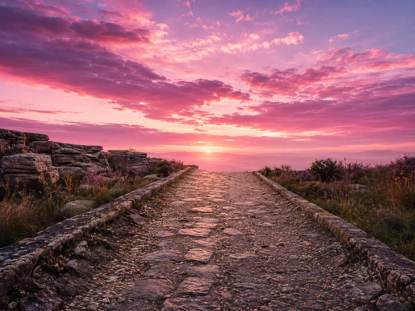 A rocky dirt path bordered by stone walls extends toward a vibrant pink and purple sunset sky, with pink clouds and distant mountains in the background.