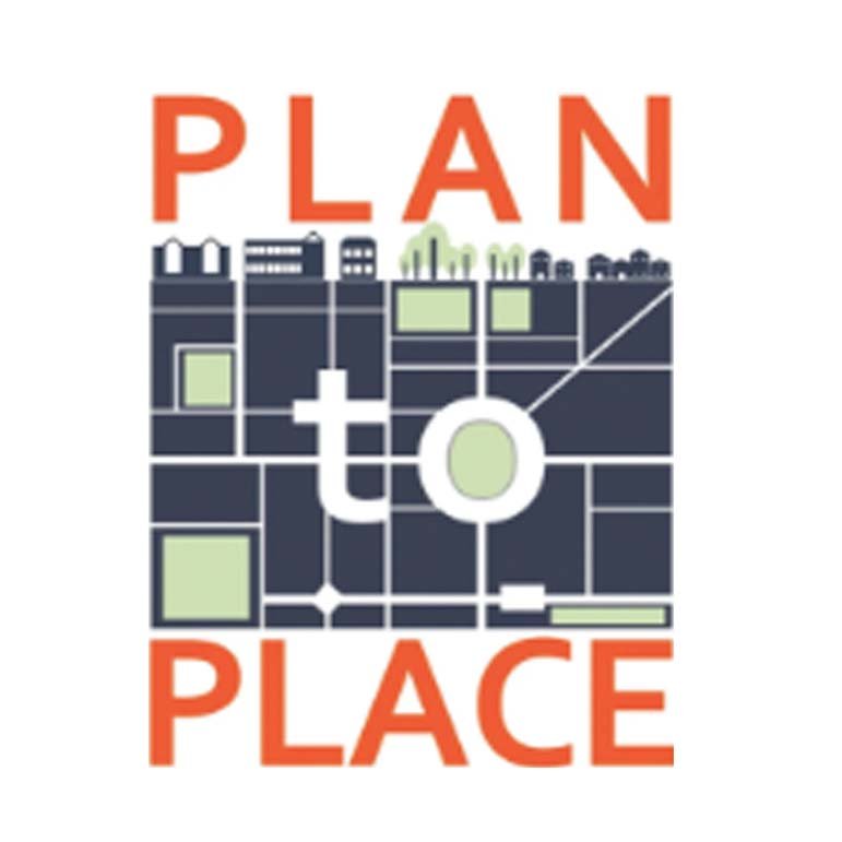 A graphic design with the words "Plan to Place" in bold red font, overlaid on a stylized city map with streets, buildings, and green spaces.