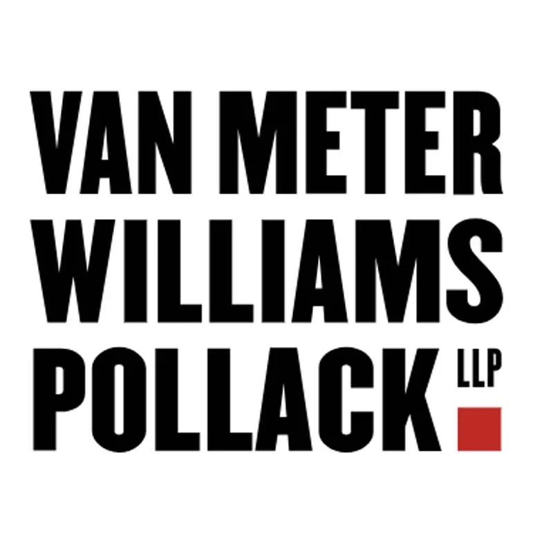 Text listing law firm names: Van Meter Williams Pollack LLP in bold black letters with a small red square in the bottom right corner.