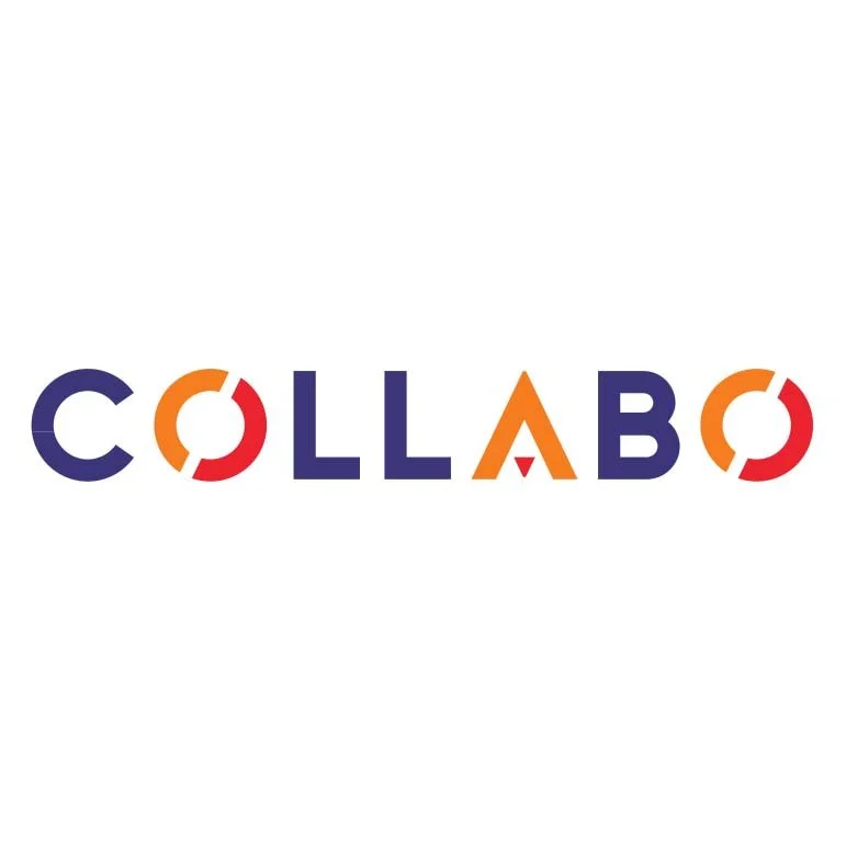 The word 'COLLAB' written in colorful letters with circular design elements inside the 'C' and the last 'O', featuring a mix of orange, red, and navy blue colors.