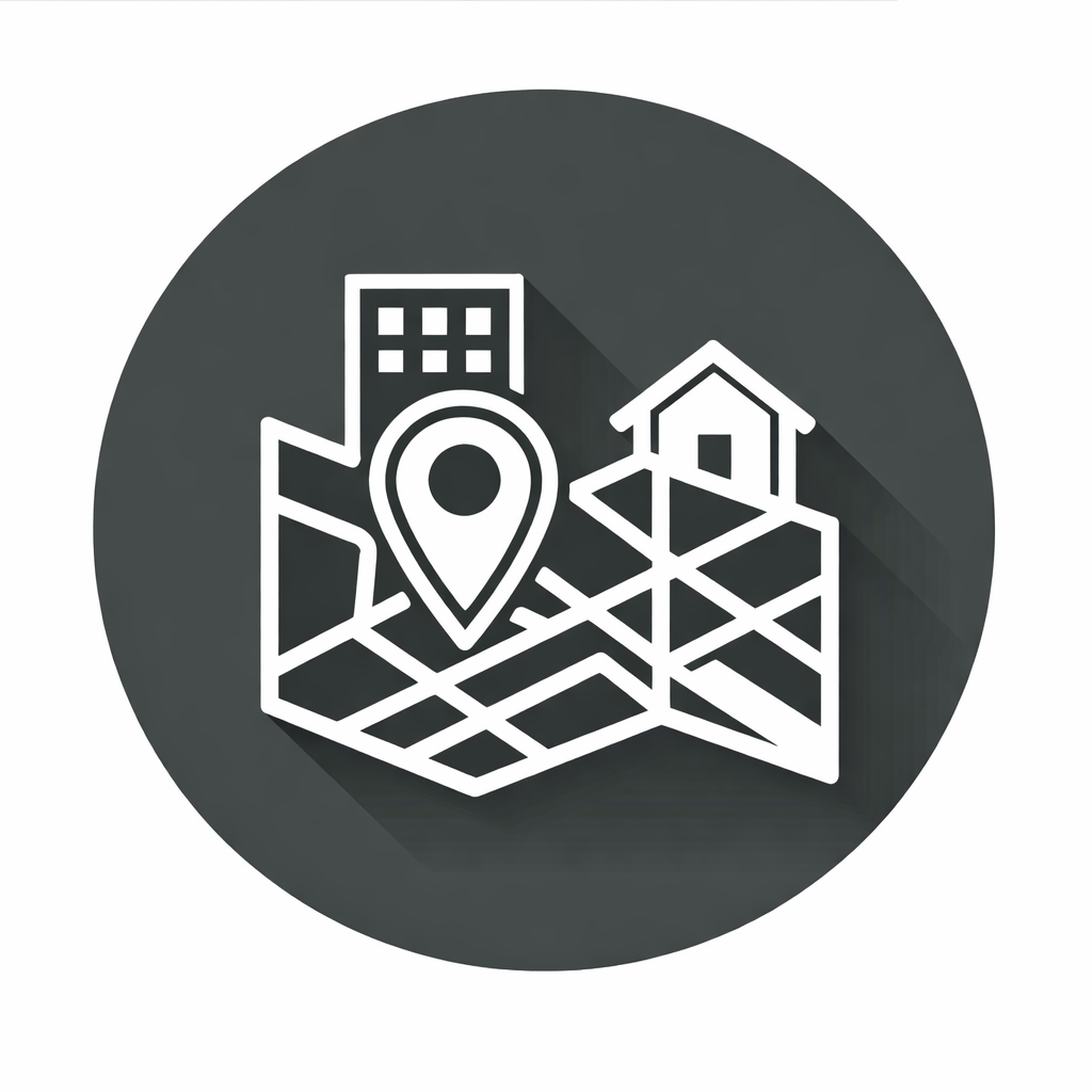 Illustration of a city map with a location pin and a house, accompanied by the text 'CITY PLANNING'.