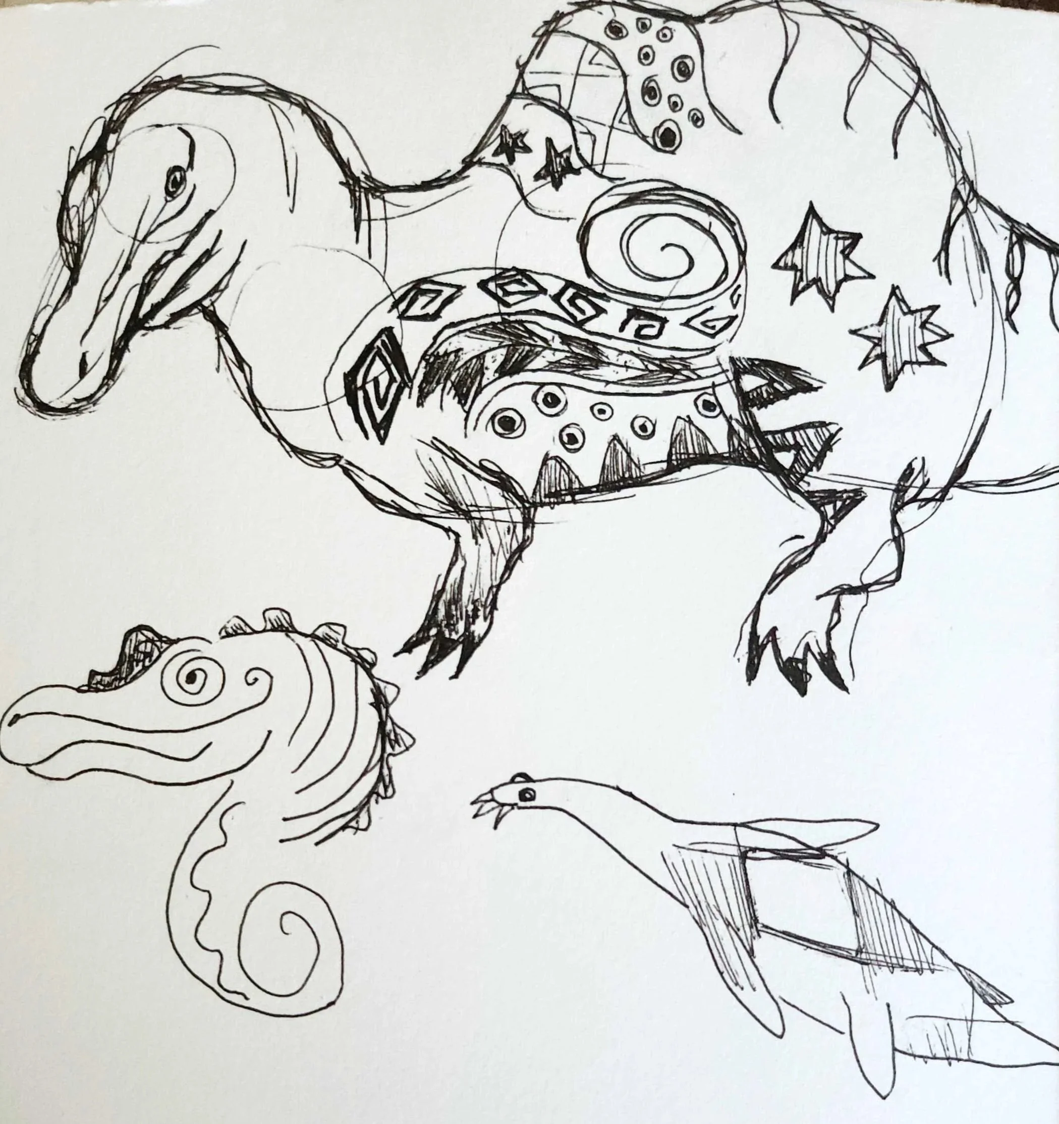 Pattern experimentation with Spinosaurus and a Plesiosaur. 