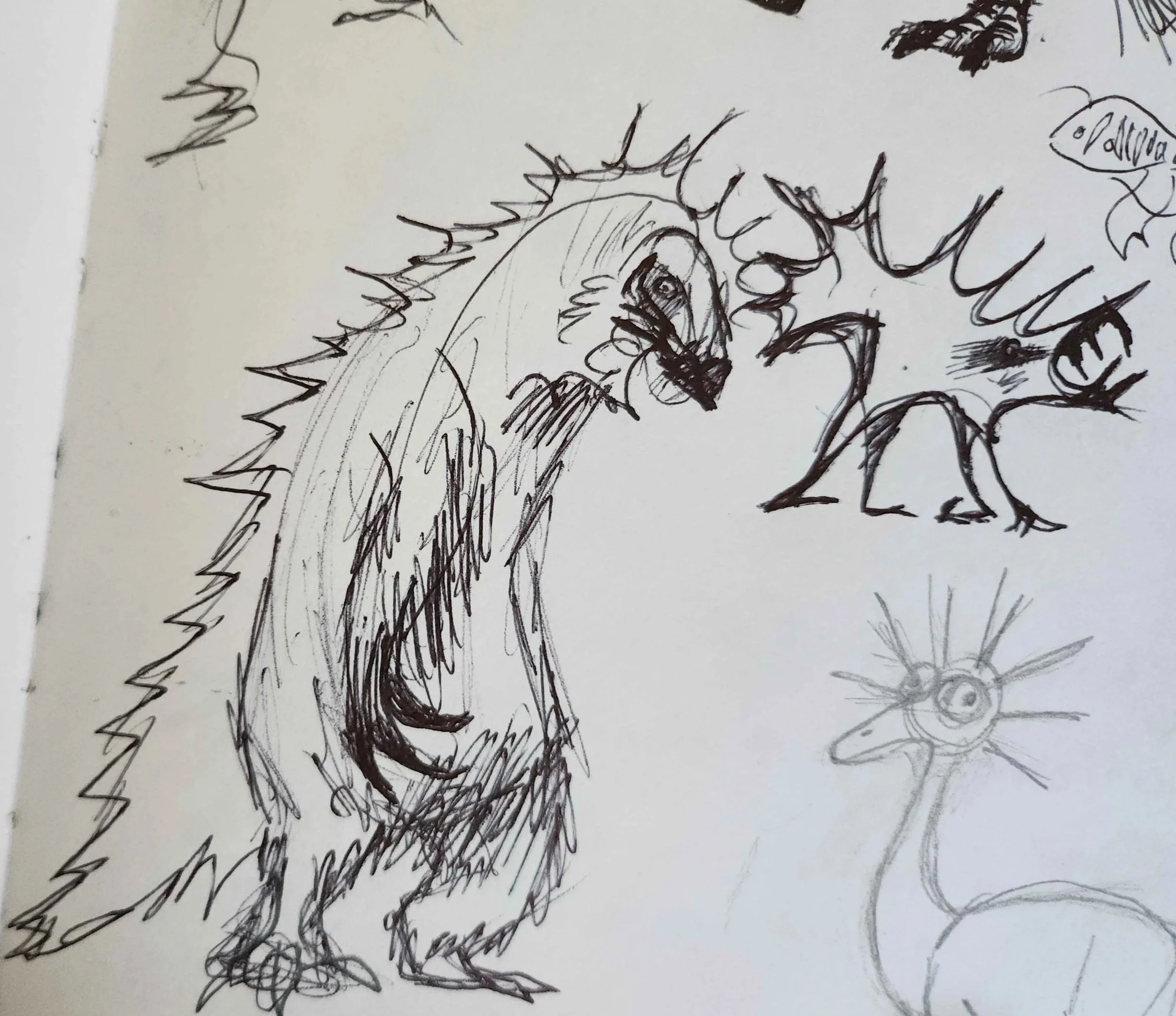 Cartoon Therizinosaurus with two abstract creatures.