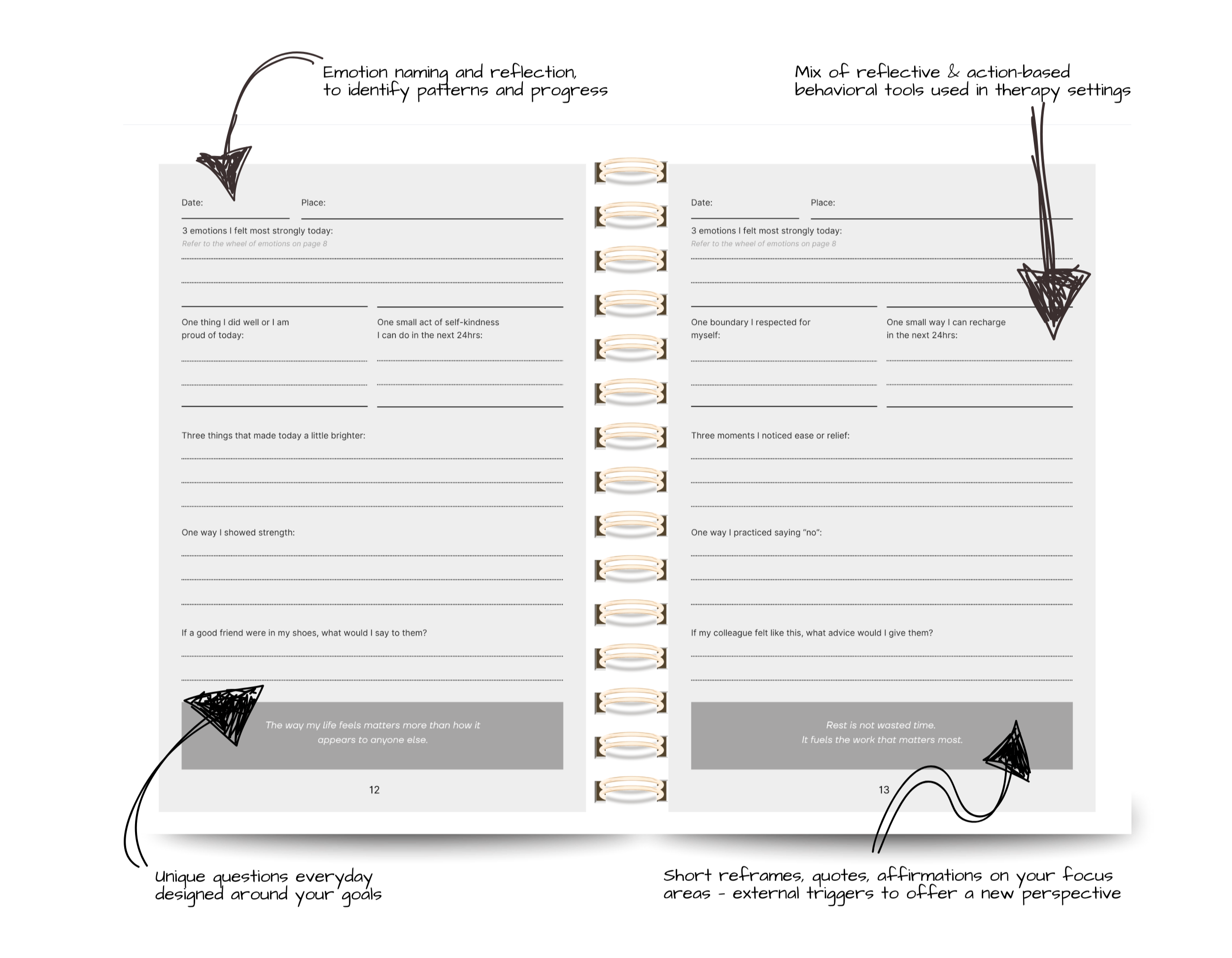 Open spiral notebook with two pages filled with journal prompts and handwritten arrows pointing to the top and bottom sections.