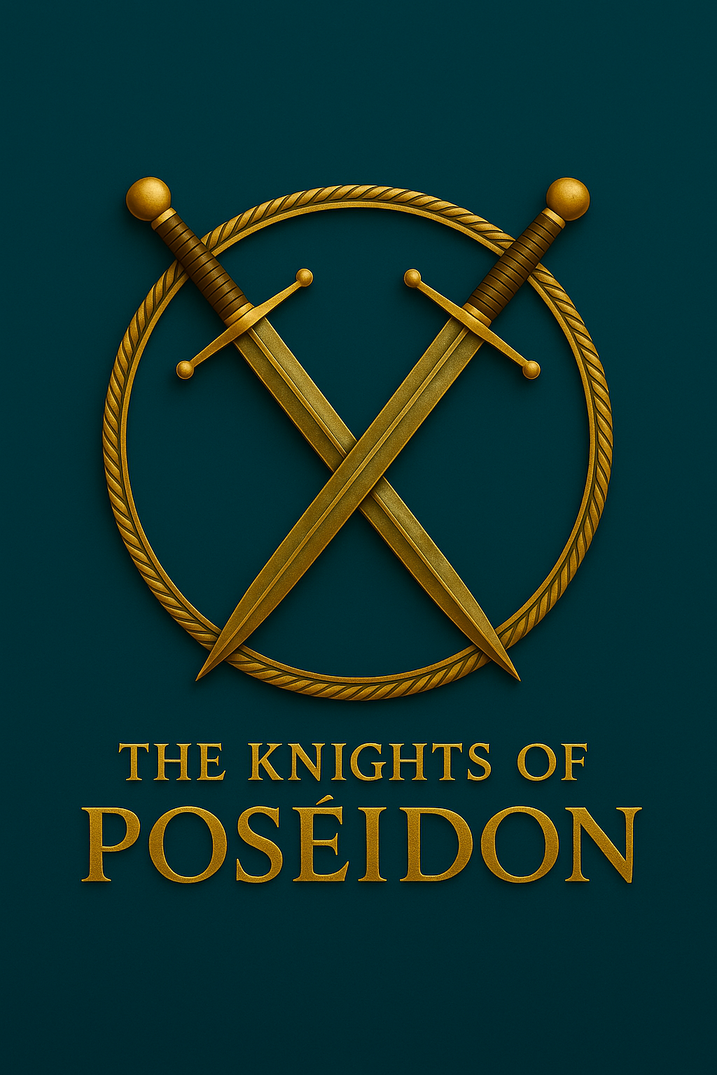 A golden emblem featuring two crossed swords within a circular braided border, with the text 'The Knights of Poseidon' below.