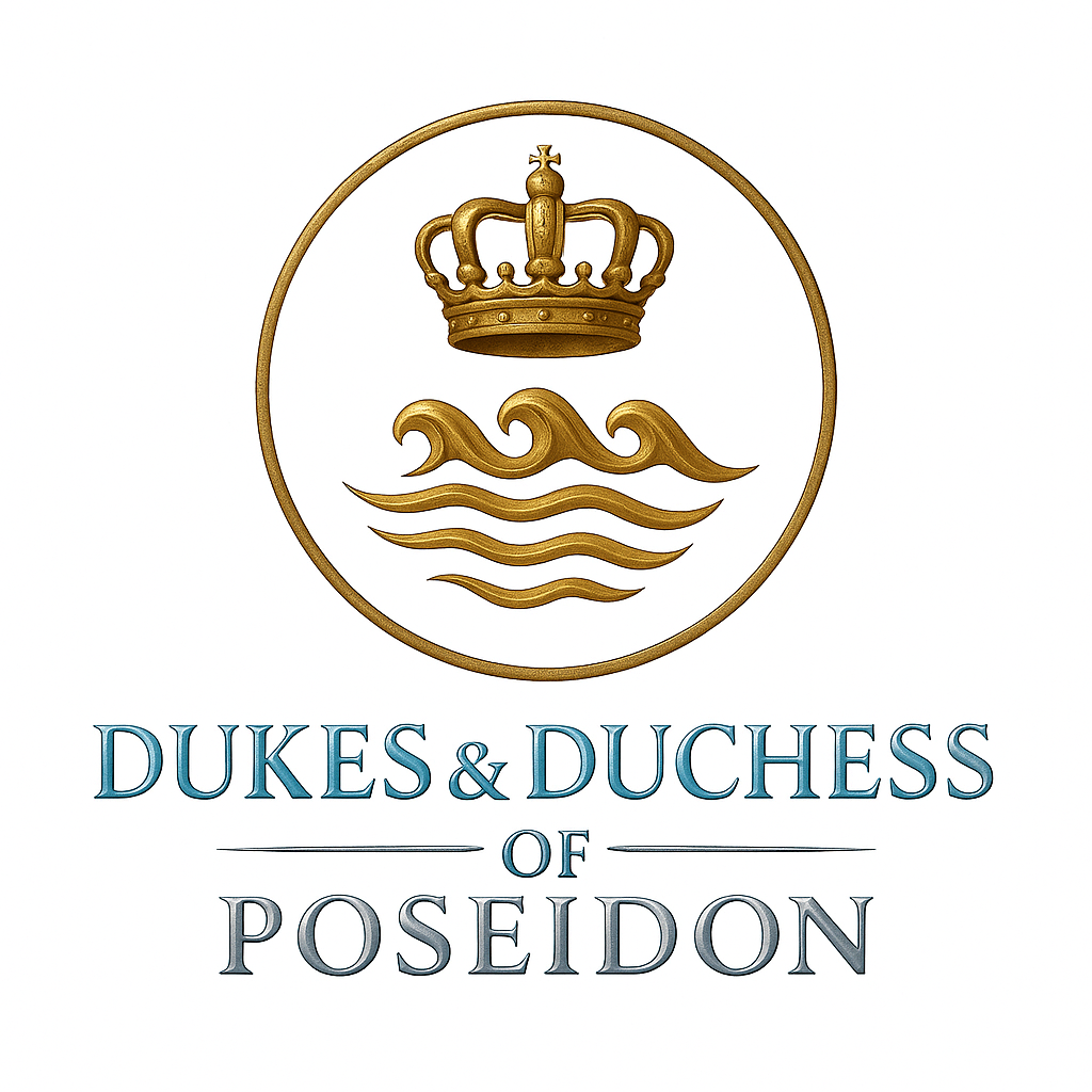 Logo for Dukes & Duchess of Poseidon, featuring a gold crown above stylized waves inside a circle with the text below.