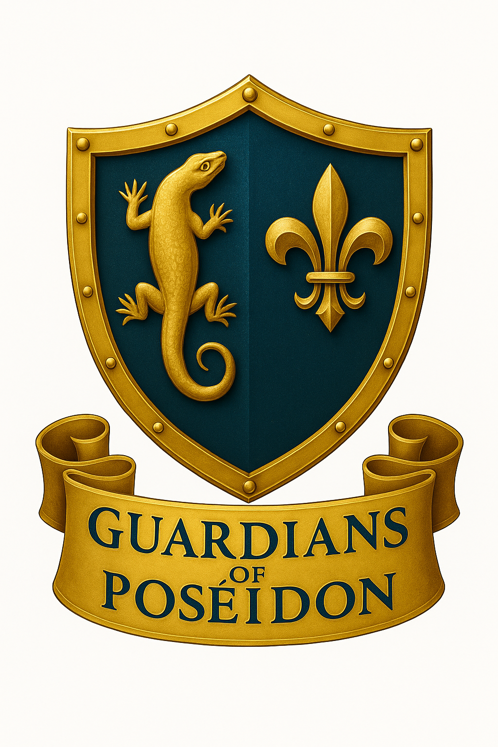 Emblem of the Guardians of Poseidon with a gold lizard and a fleur-de-lis on a shield and a banner below reading 'GUARDIANS OF POSEIDON'.