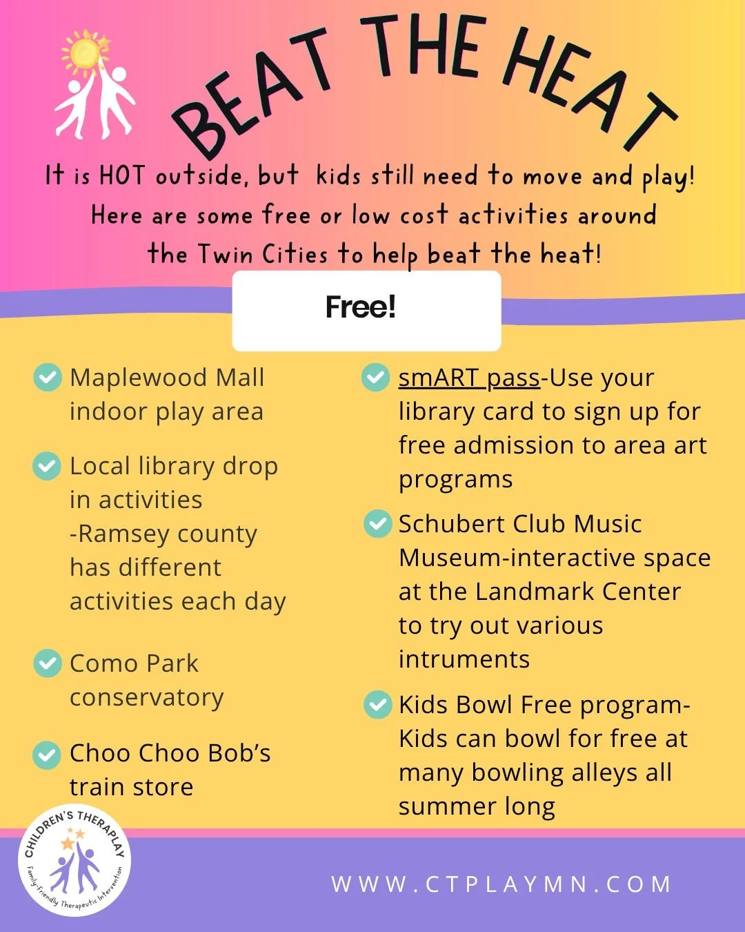 It's gonna be toasty this weekend 🌞 We've put together some free and low cost activities around the Twin Cities to escape the heat. Message us for details!

#CTPlayMN #beattheheat