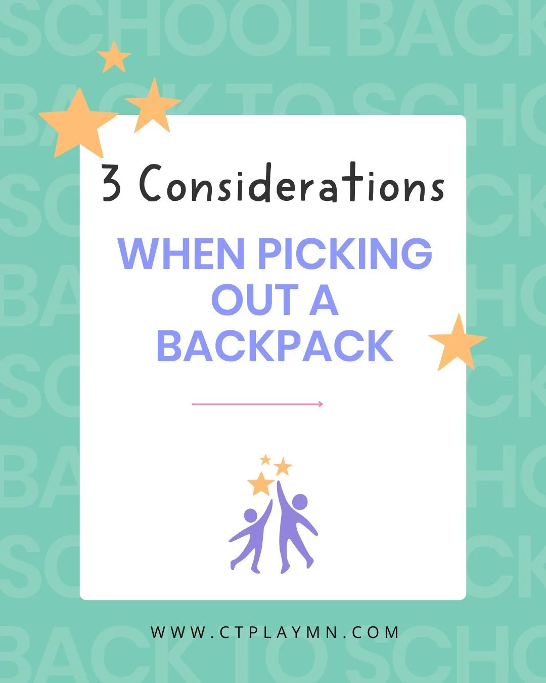 Backpacks are a school-day essential, and a few choices can help reduce strain on growing bodies! Swipe through for 3 tips to help your child pack smart this school year. 🎒

#CTPlayMN #BackToSchool